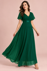 Vestido verde esmeralda plisado con escote en V