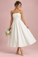 Vestido midi evasé blanco de palabra de honor