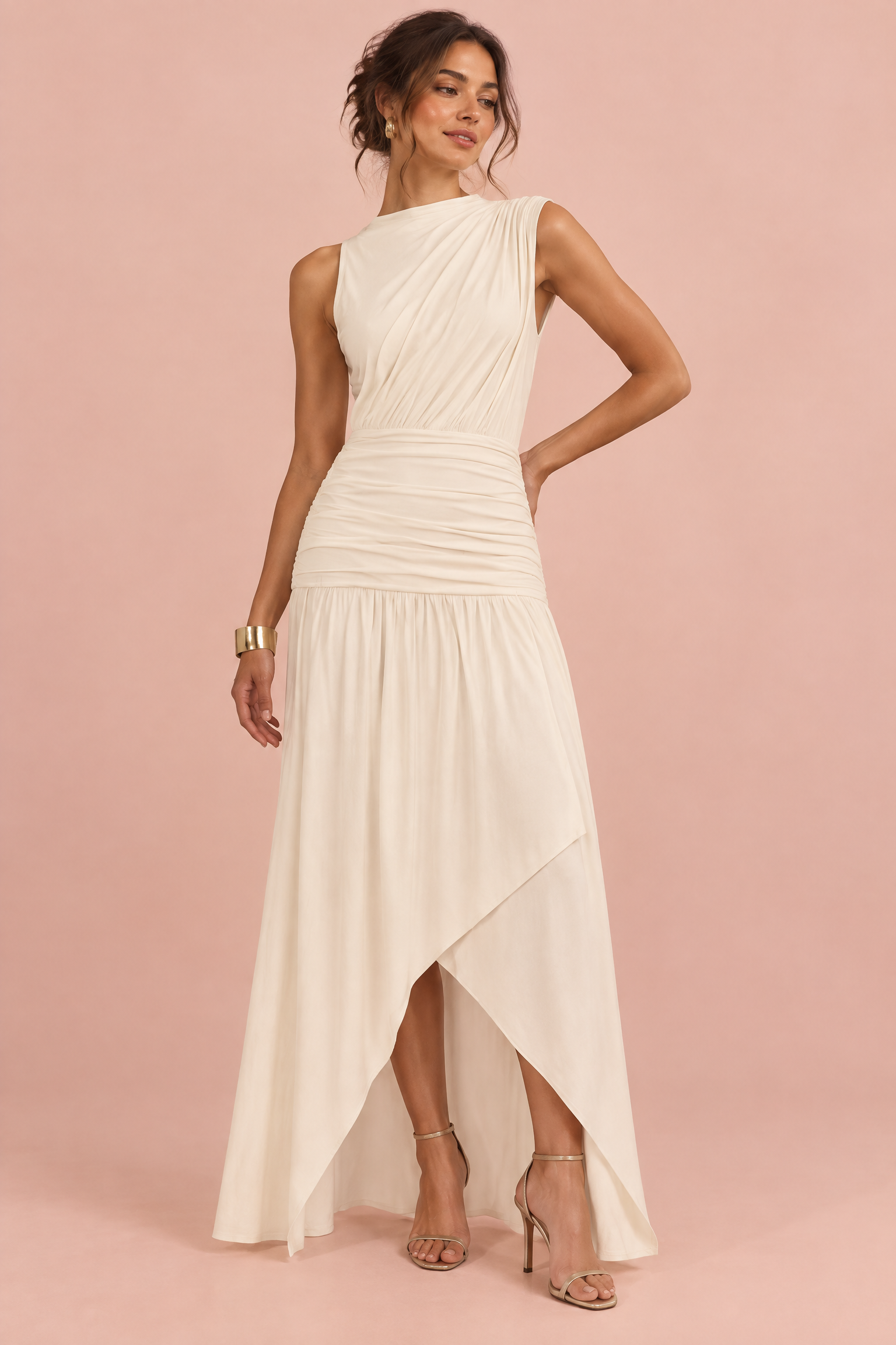Robe longue blanc cassé à col montant et détails froncés | Vue de face | Lounelle Paris