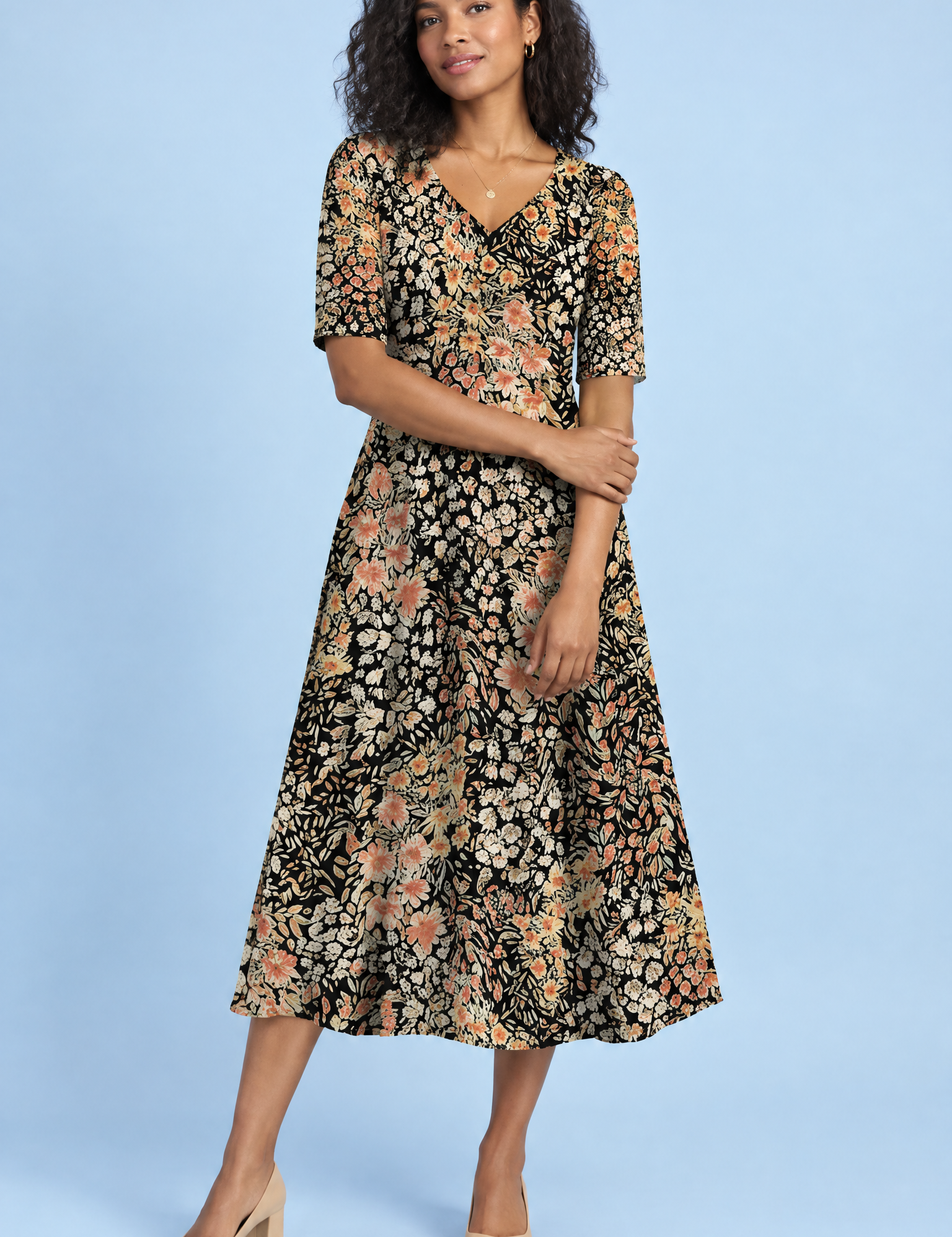 Robe longue noire à col V | Vue de face | Lounelle Paris