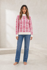 Pull rose jacquard col montant