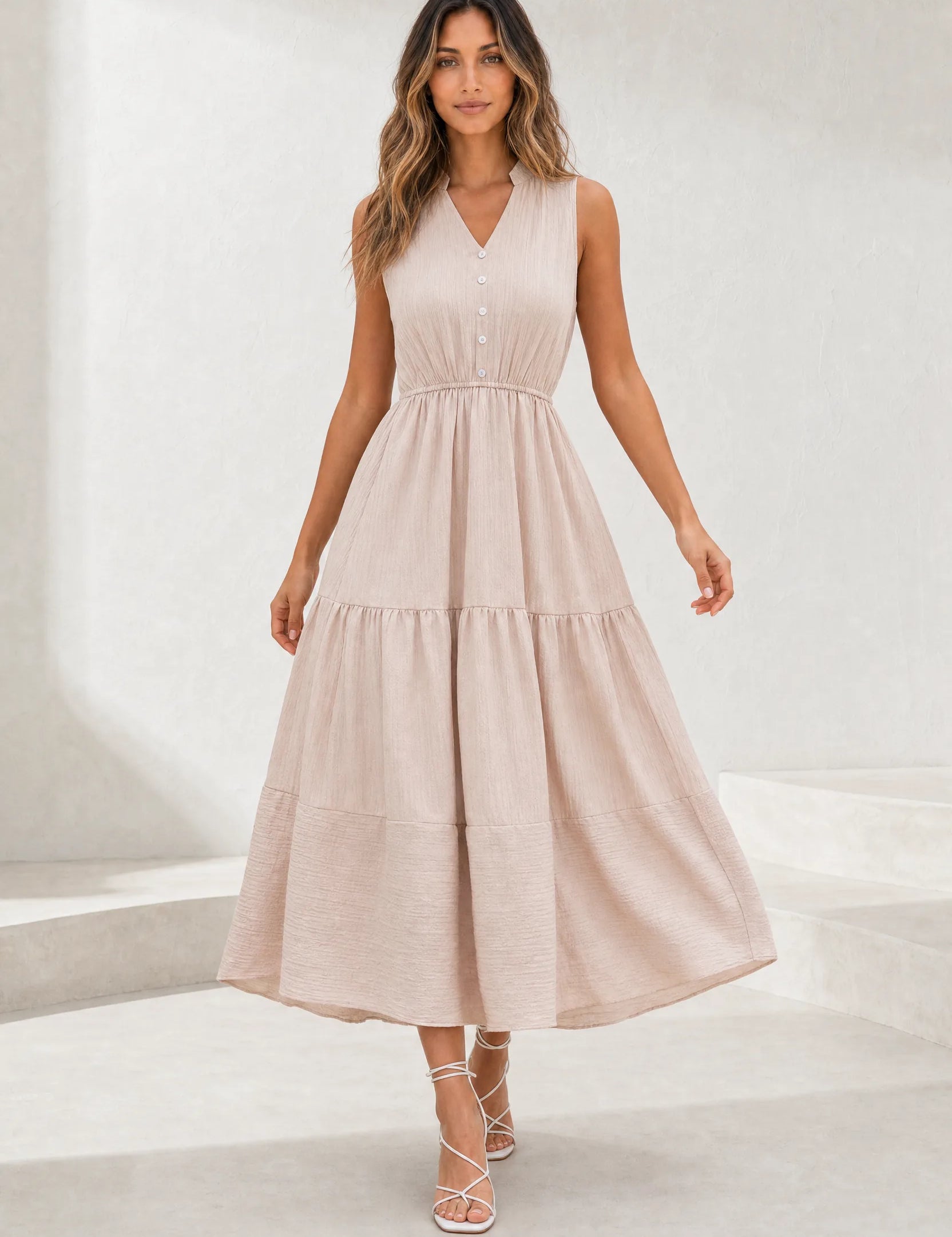 Robe abricot col V à volants | Lounelle Paris