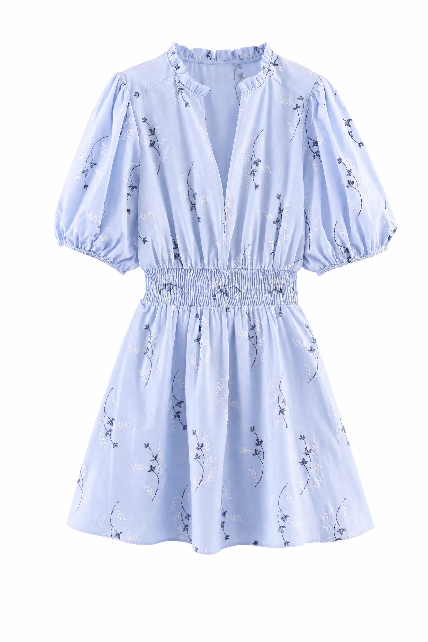 Robe bleu clair à broderies florales | Lounelle Paris