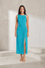 Robe bleu paon drapée asymétrique