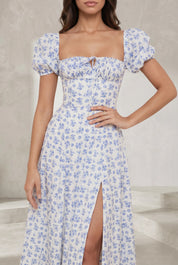 Robe bleue encolure carrée manches bouffantes | Lounelle Paris