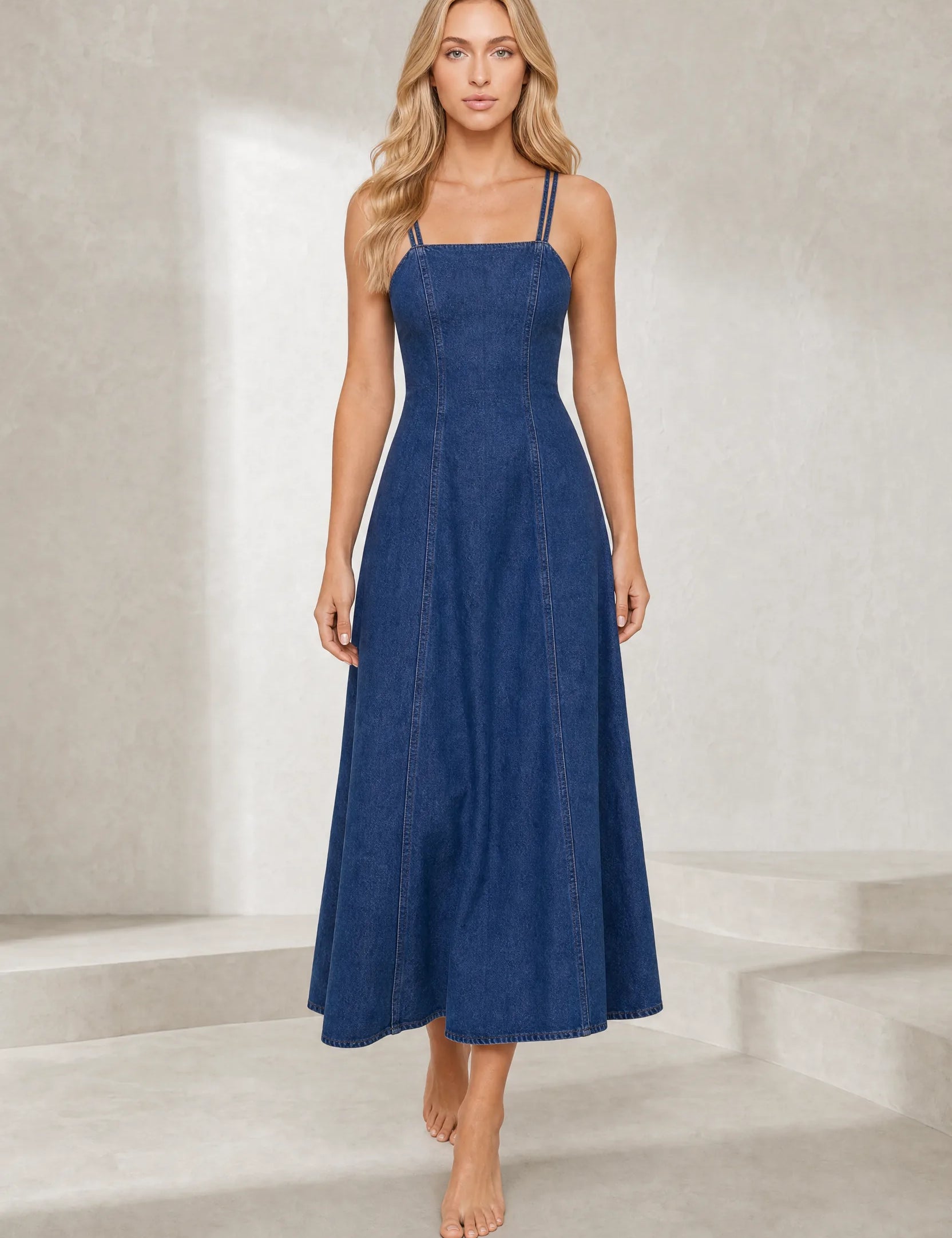 Robe bleue fines bretelles évasée | Lounelle Paris