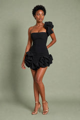 Vestido bustier asimétrico con volantes
