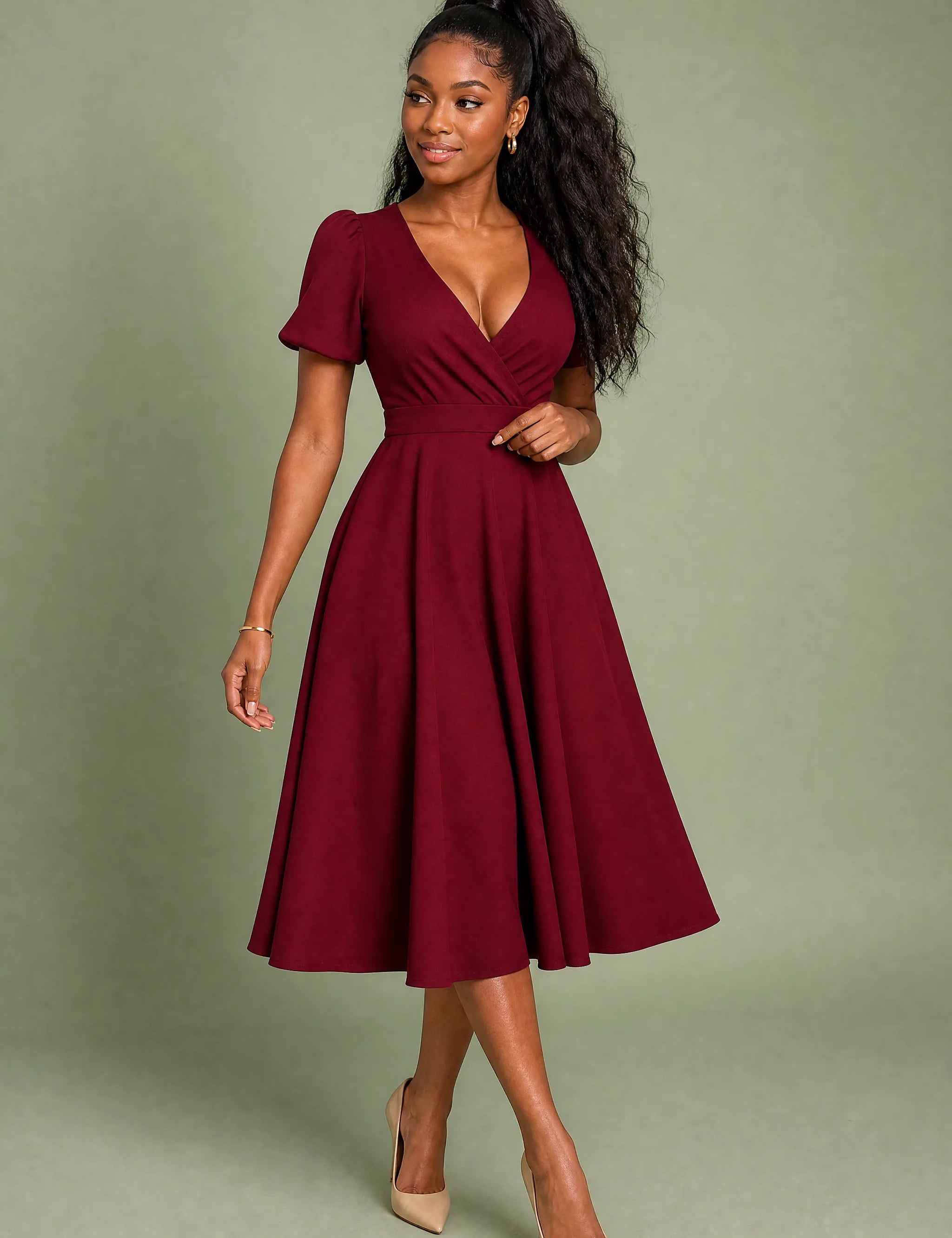 Robe col V croisé manches bouffantes | Vue de face | Lounelle Paris