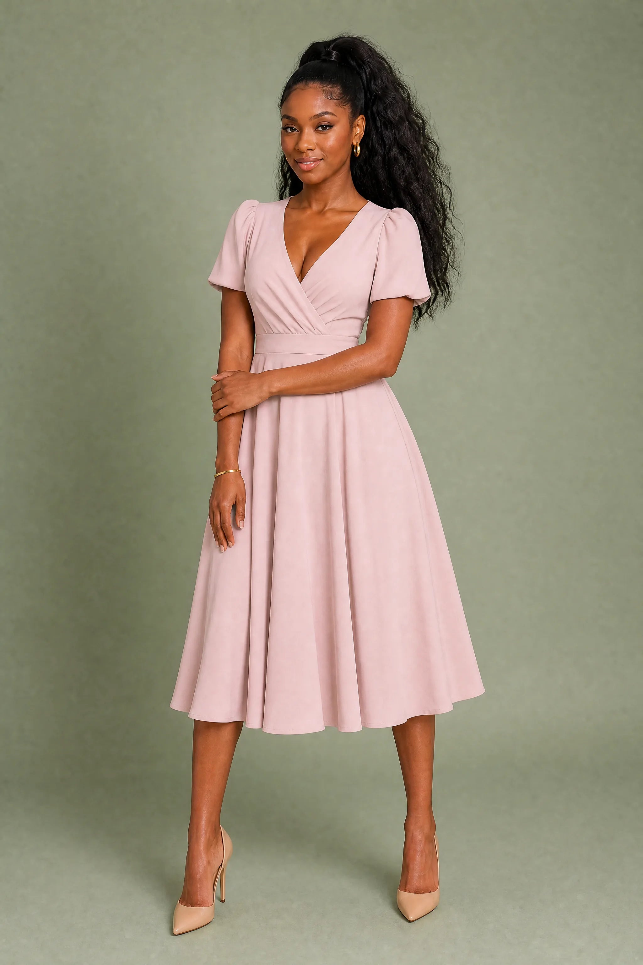 Robe col V croisé manches bouffantes | Variante Rose | Lounelle Paris