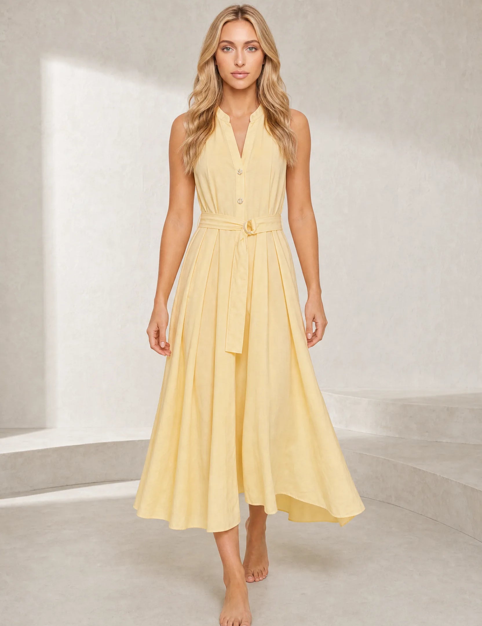 Robe jaune col en V ceinturée | Lounelle Paris