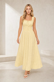 Robe jaune encolure carrée bretelles volantées | Lounelle Paris