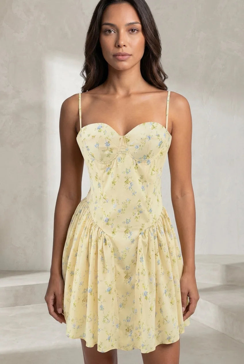 Robe jaune florale à fines bretelles | Lounelle Paris