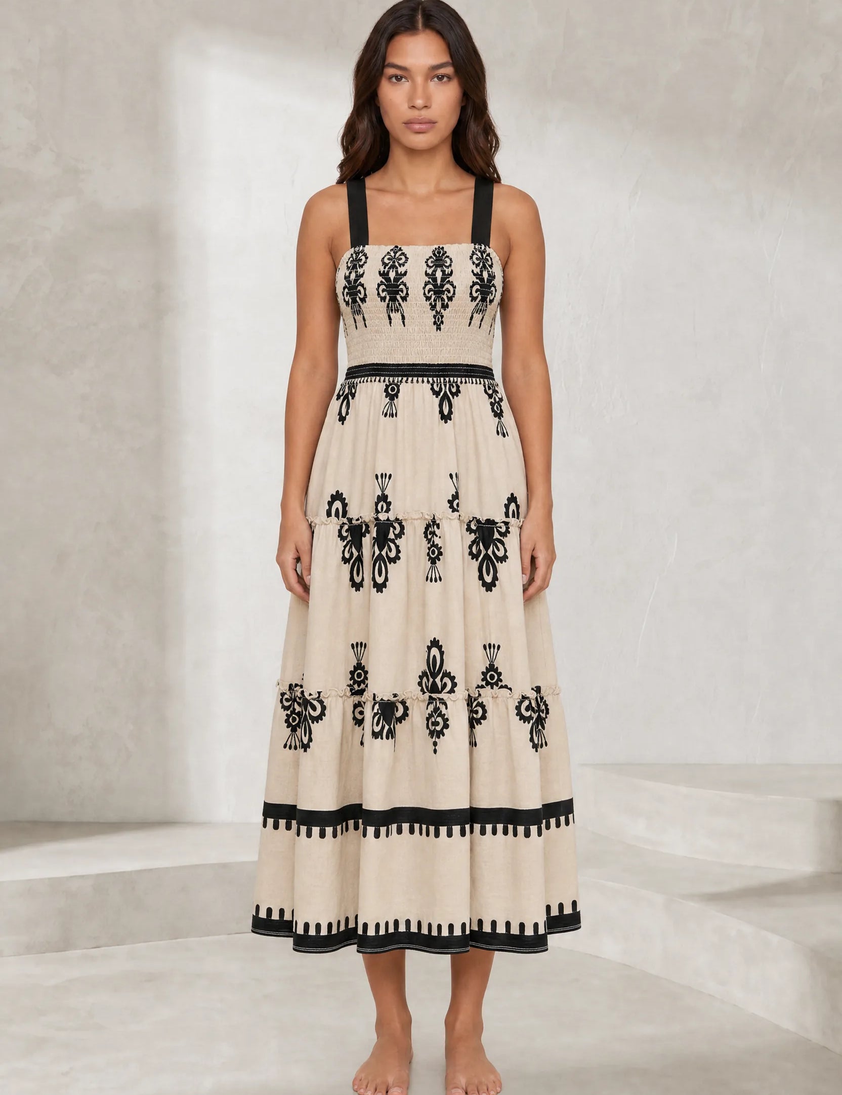 Robe longue abricot imprimée smockée | Lounelle Paris