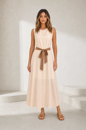 Robe longue abricot sans manches ceinturée | Lounelle Paris
