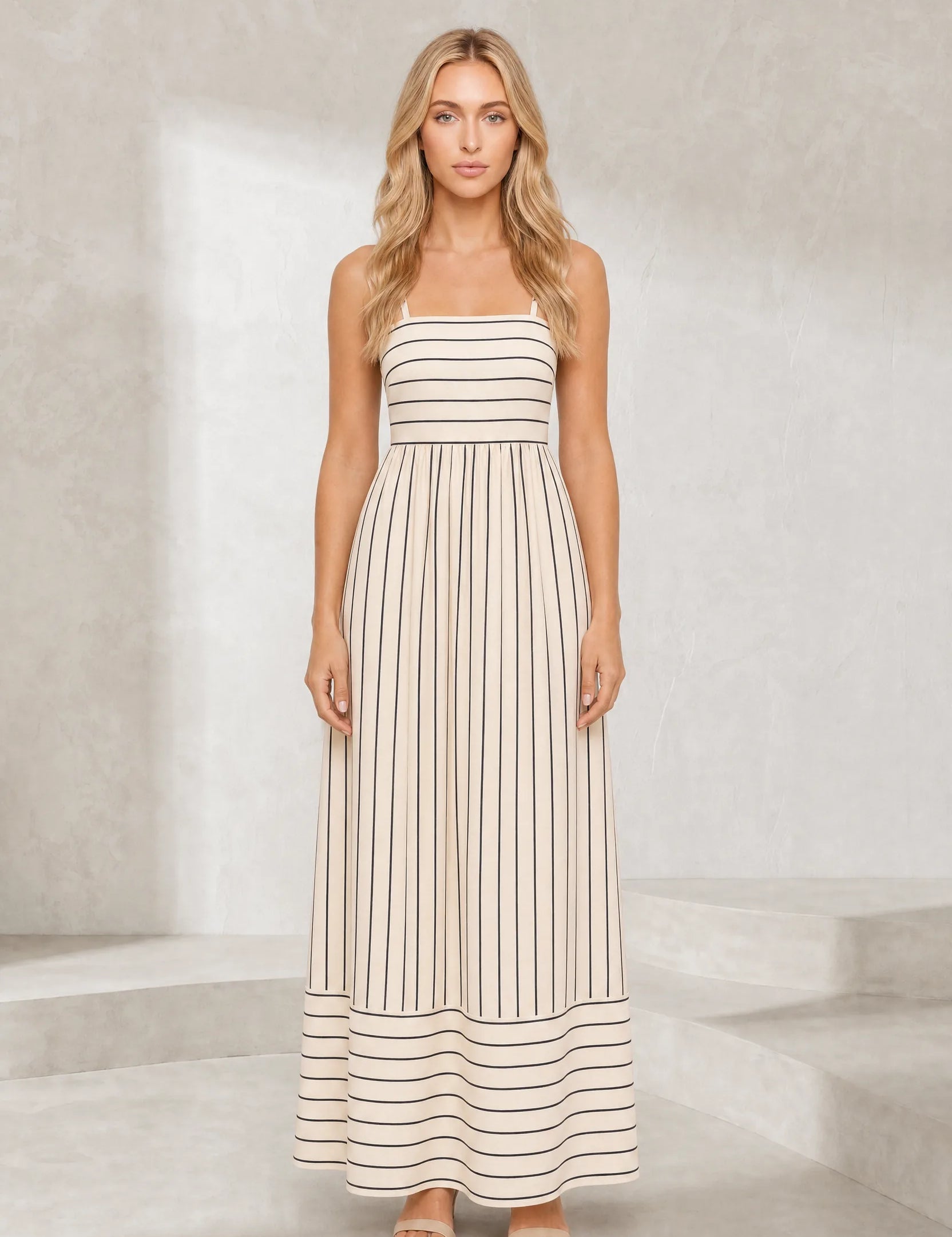 Robe longue beige rayée dos nu | Lounelle Paris