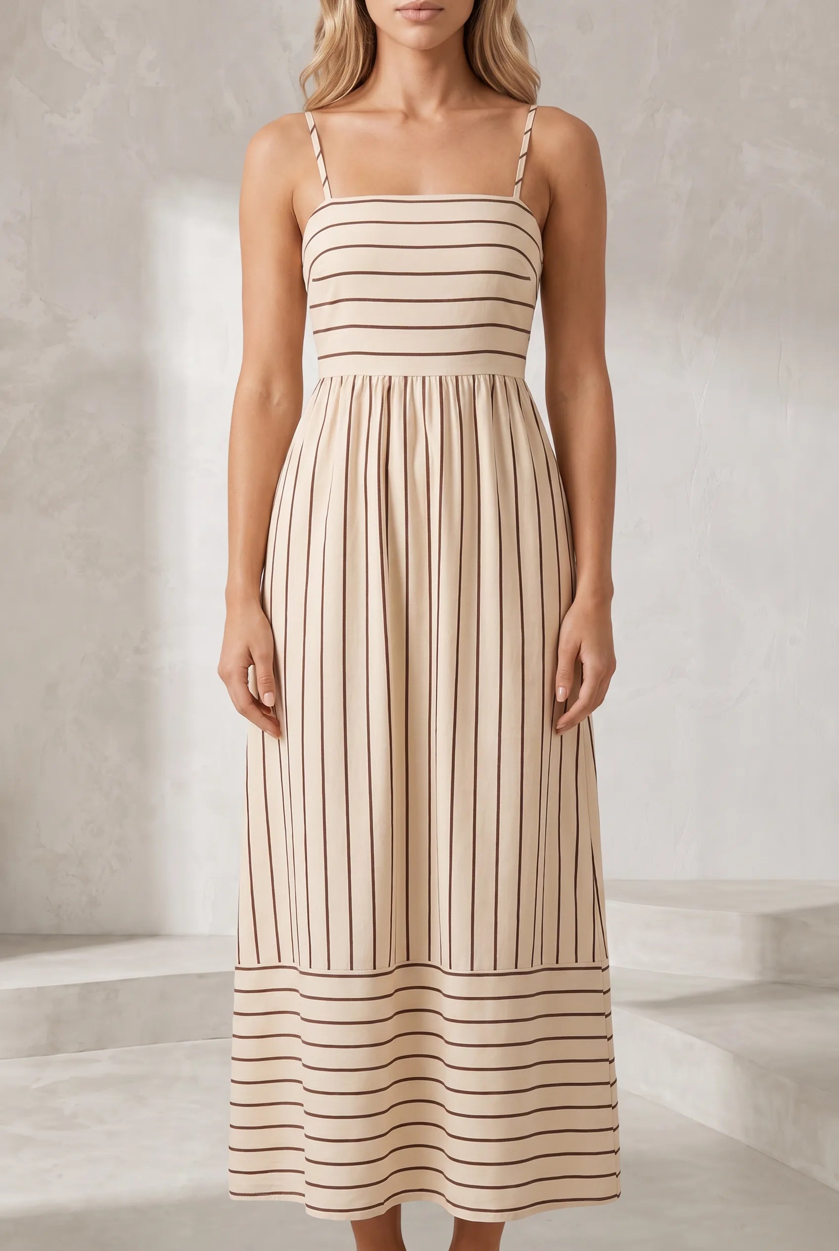 Robe longue beige rayée dos nu | Lounelle Paris