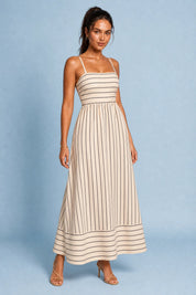 Robe longue beige rayée dos nu | Variante Beige | Lounelle Paris