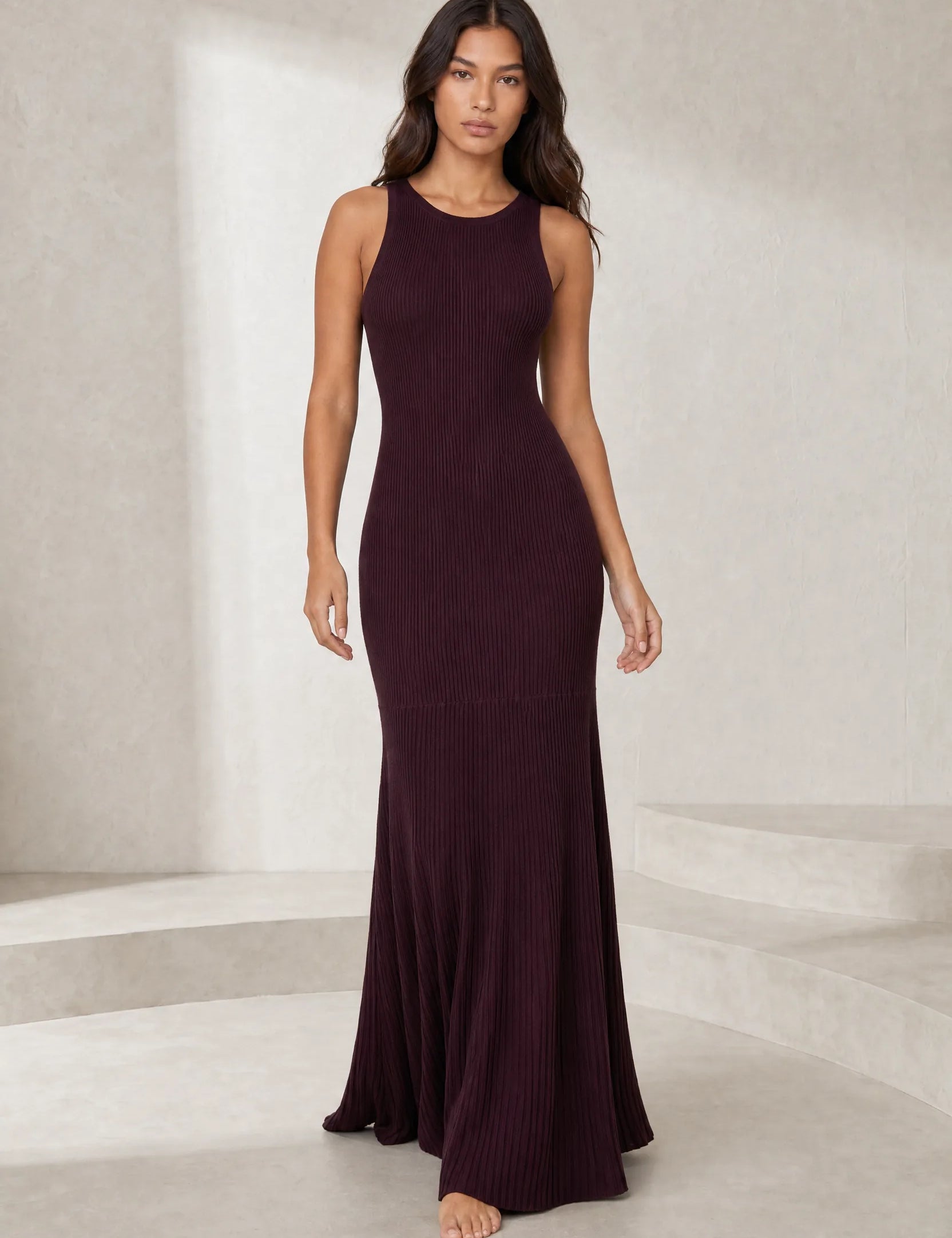 Robe longue bordeaux maille côtelée | Lounelle Paris