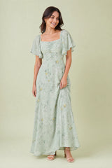 Vestido largo con escote cuadrado y mangas con volantes