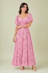 Vestido largo con escote cuadrado y mangas con volantes