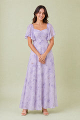 Vestido largo con escote cuadrado y mangas con volantes