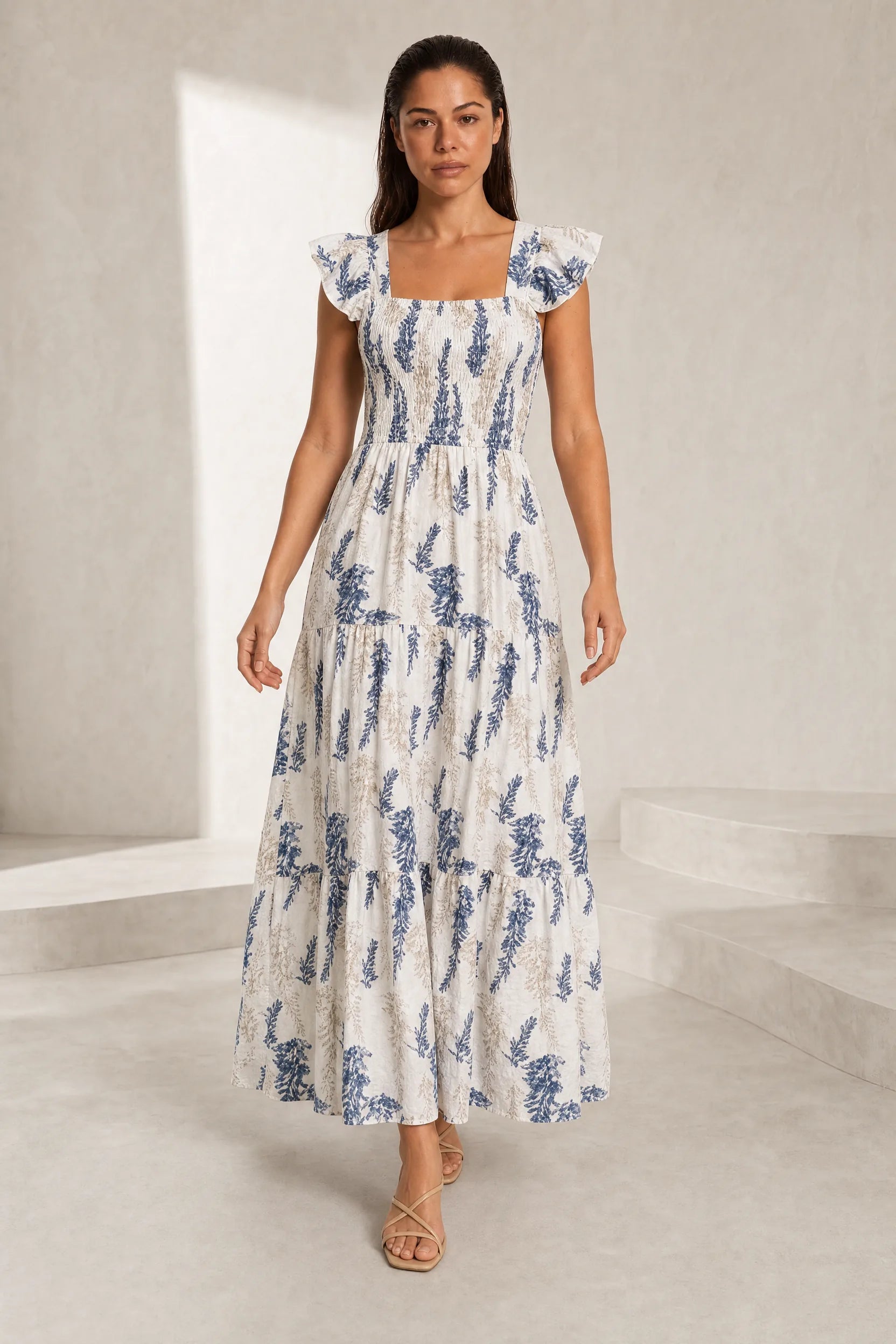 Robe longue écru imprimé floral encolure carrée | Lounelle Paris