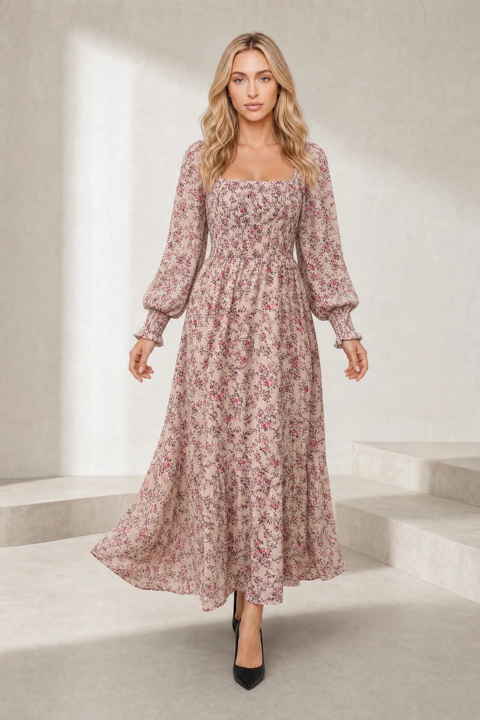 Robe longue fleurie manches bouffantes | Lounelle Paris