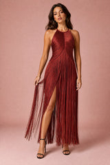 Vestido largo halter con flecos
