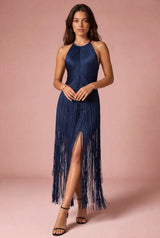Vestido largo halter con flecos