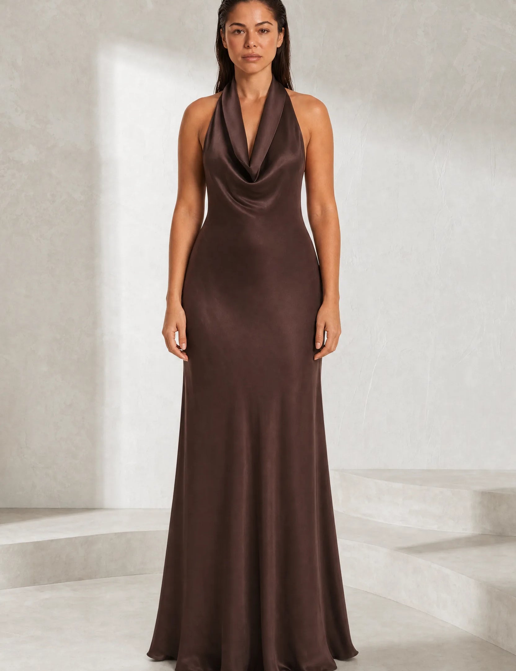 Robe marron col halter dos nu | Lounelle Paris