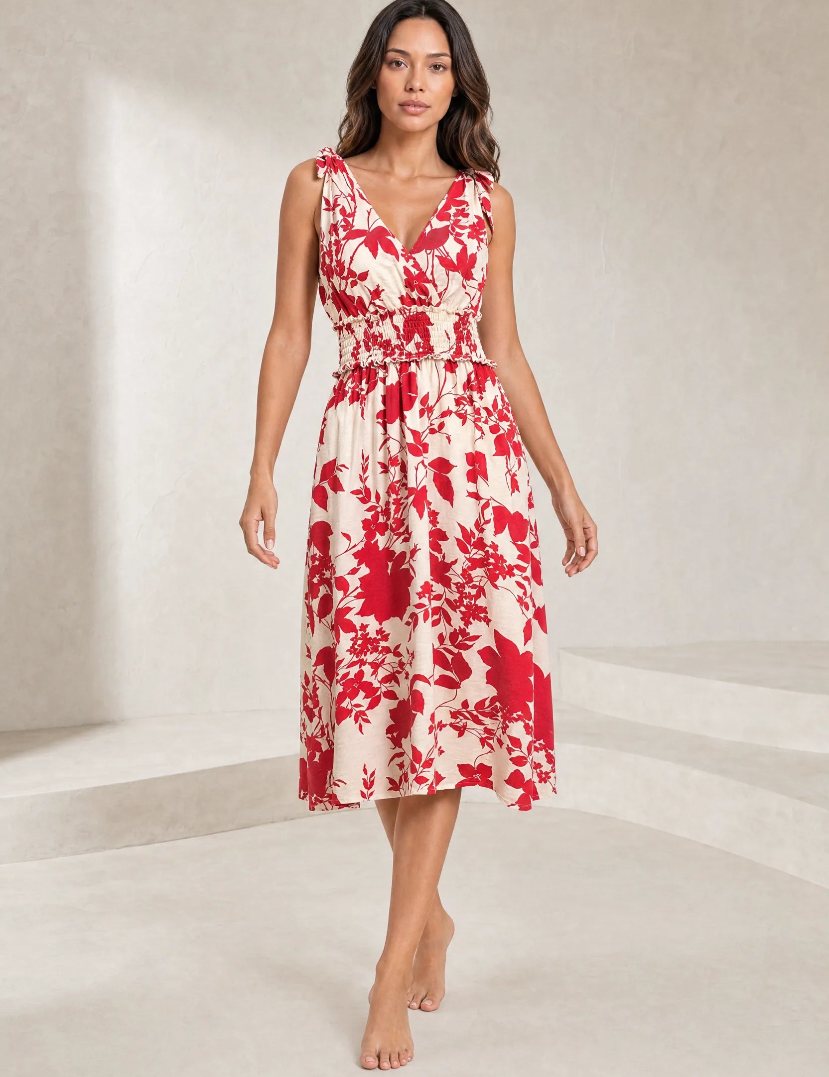 Robe midi rouge fleurie dos nu | Lounelle Paris
