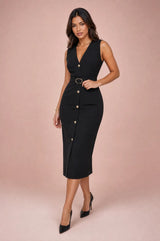Vestido negro escote V con cinturón