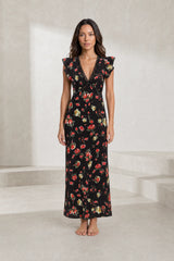 Robe noire florale à volants
