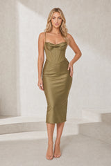 Robe vert olive col drapé satinée
