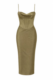 Robe vert olive col drapé satinée | Lounelle Paris