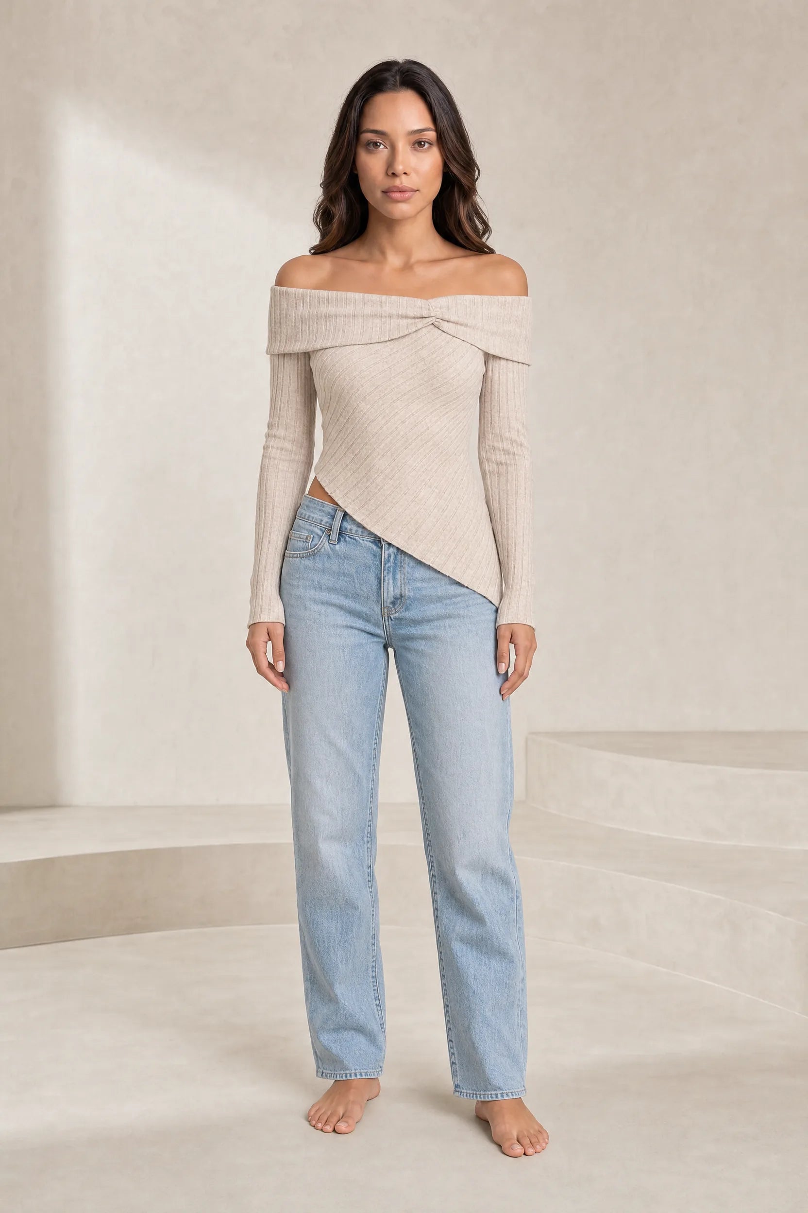 Top beige épaules dénudées asymétrique | Lounelle Paris