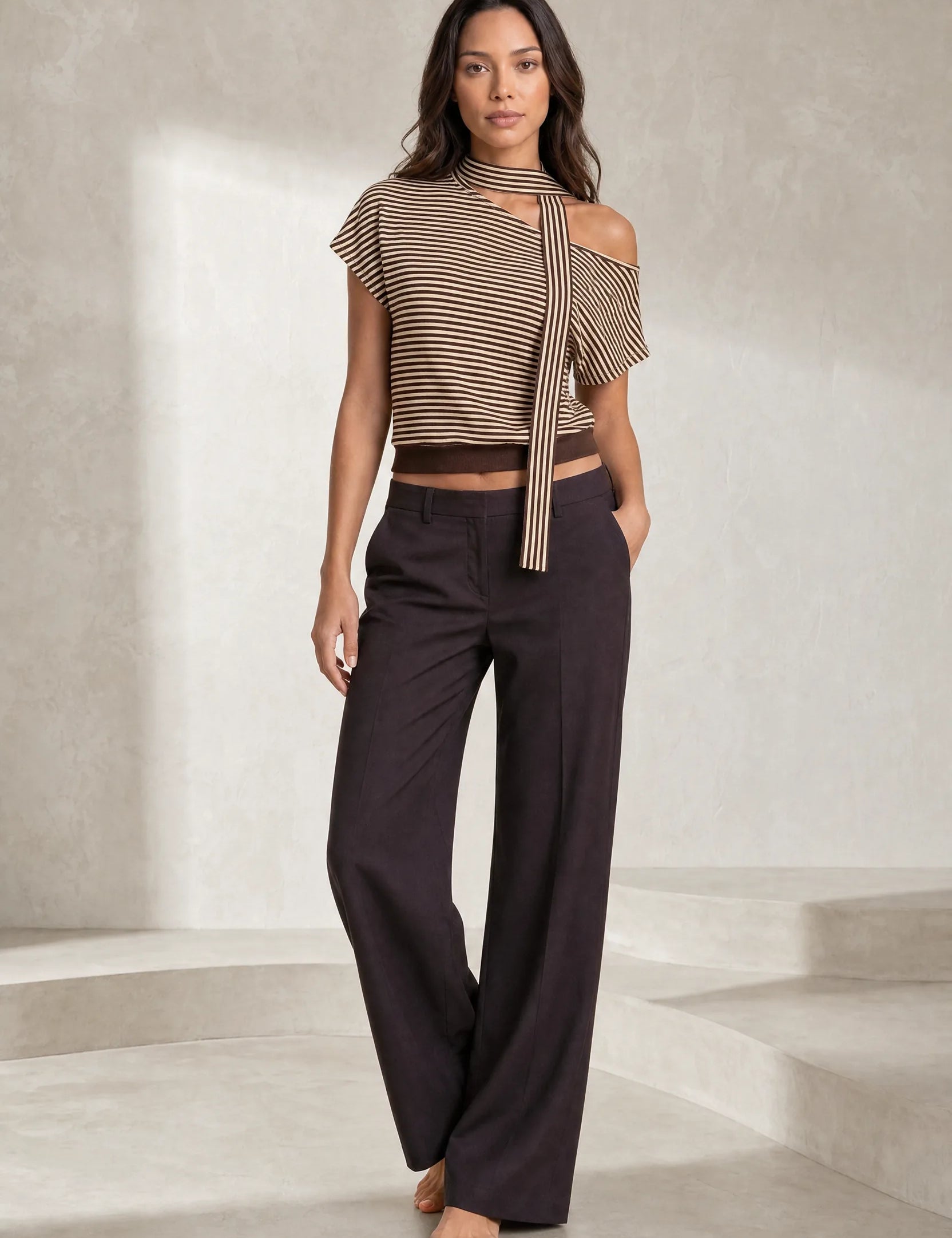 Top marron rayé épaule dénudée | Lounelle Paris