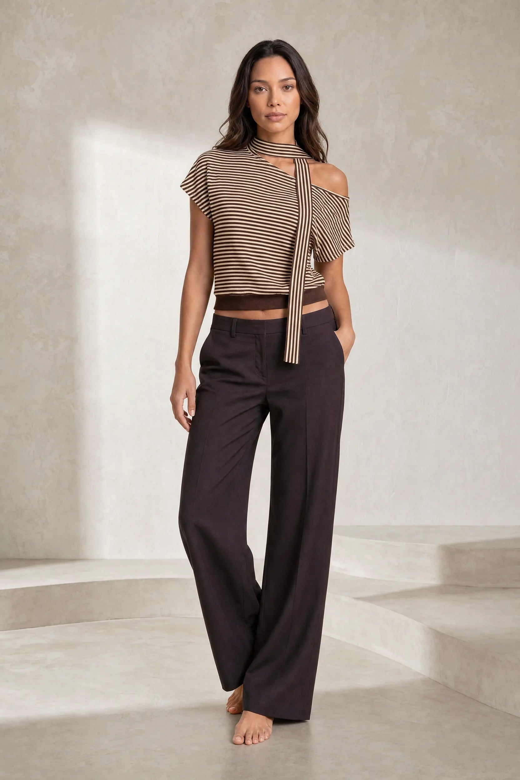 Top marron rayé épaule dénudée | Lounelle Paris