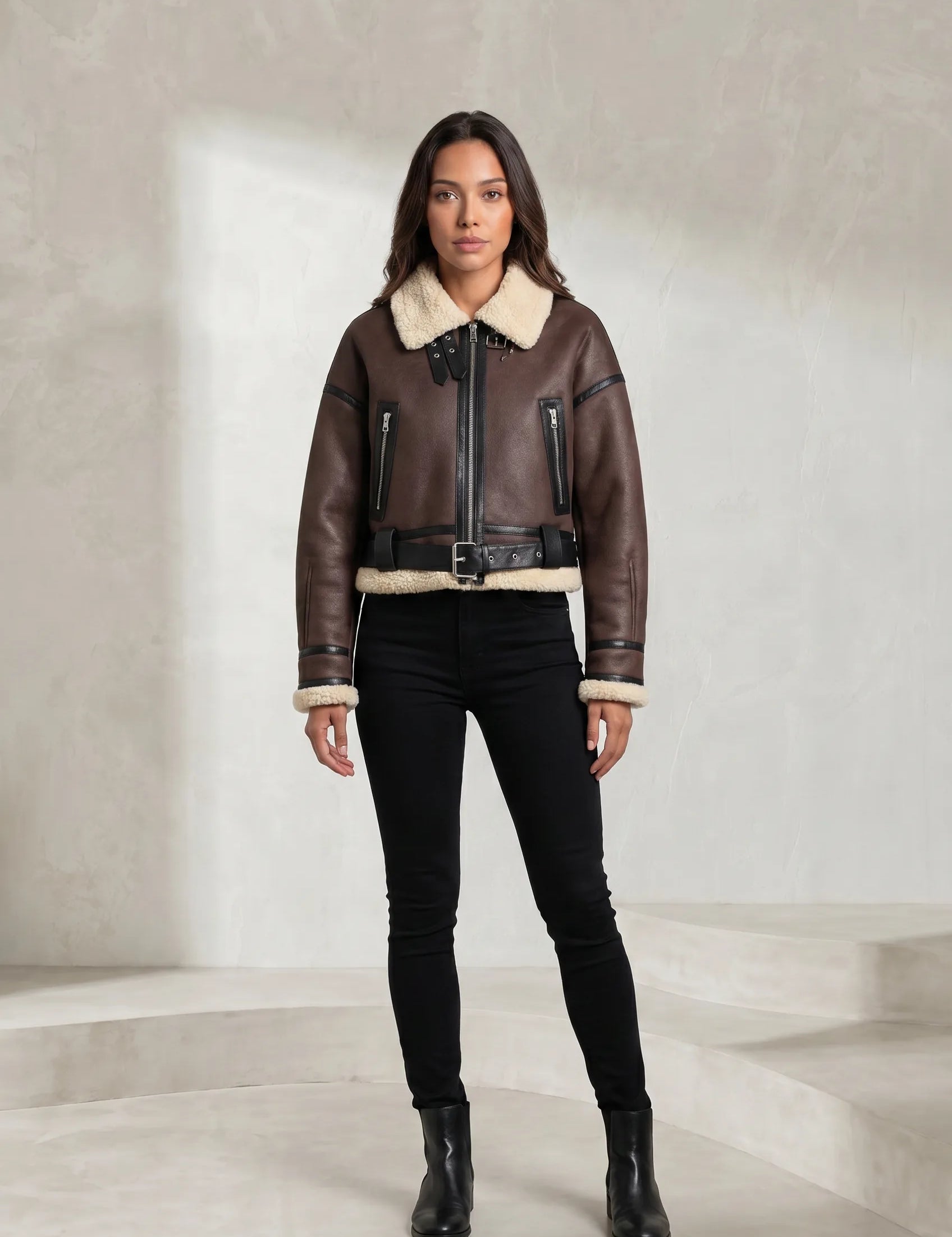 Veste courte effet moutonné à ceinture | Lounelle Paris