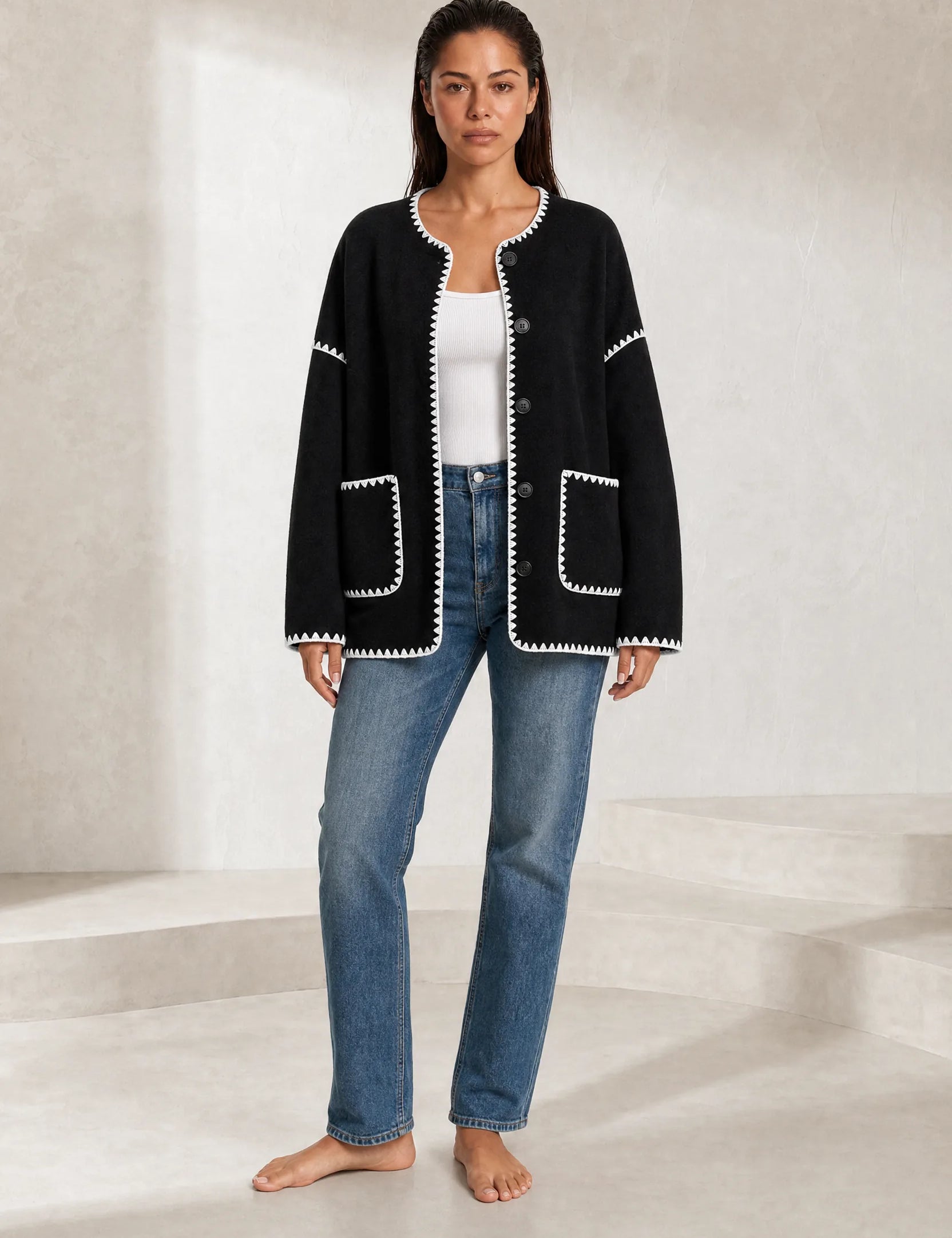 Veste polaire noire bicolore ample | Lounelle Paris